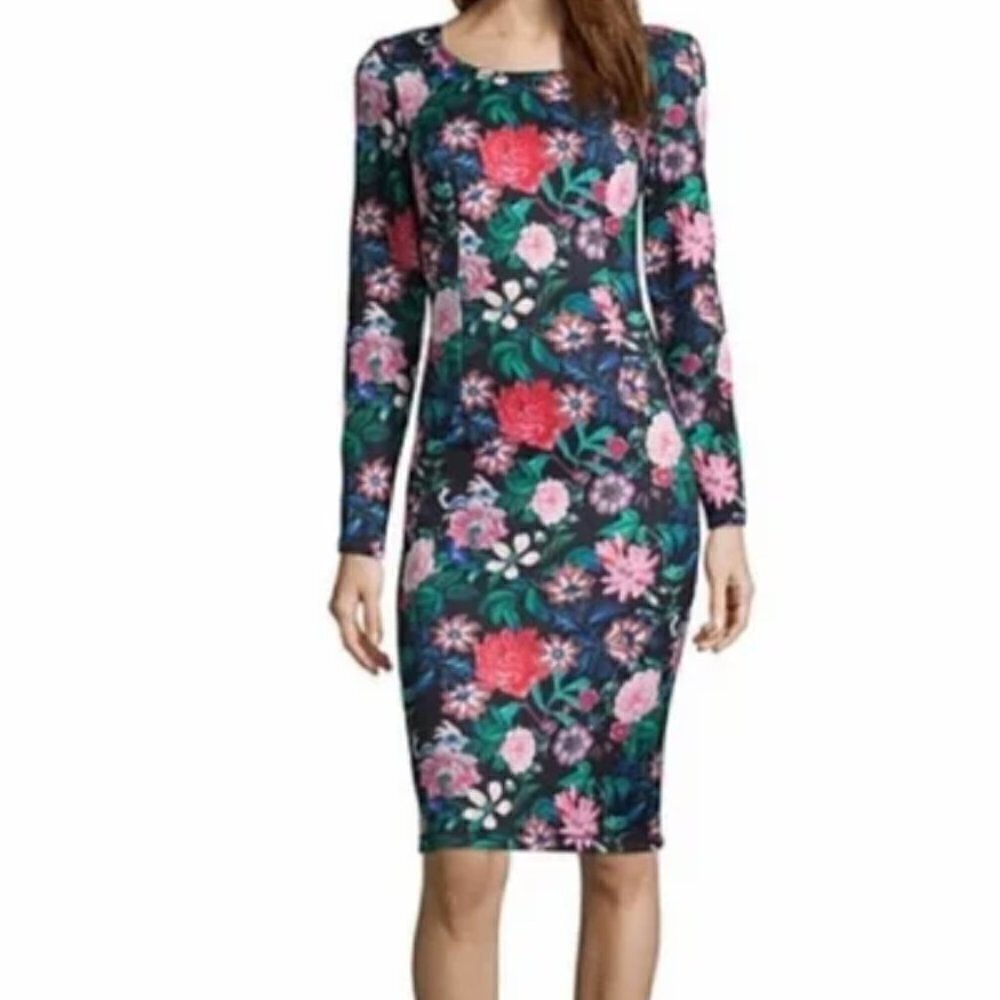 Project Runway Floral Print stretch fitted bodycon midi Dress Size medium